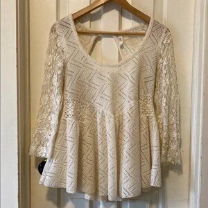 Cream Crochet Lace Peplum Blouse with 3/4 Sleeves Boho Hippie Ruffle